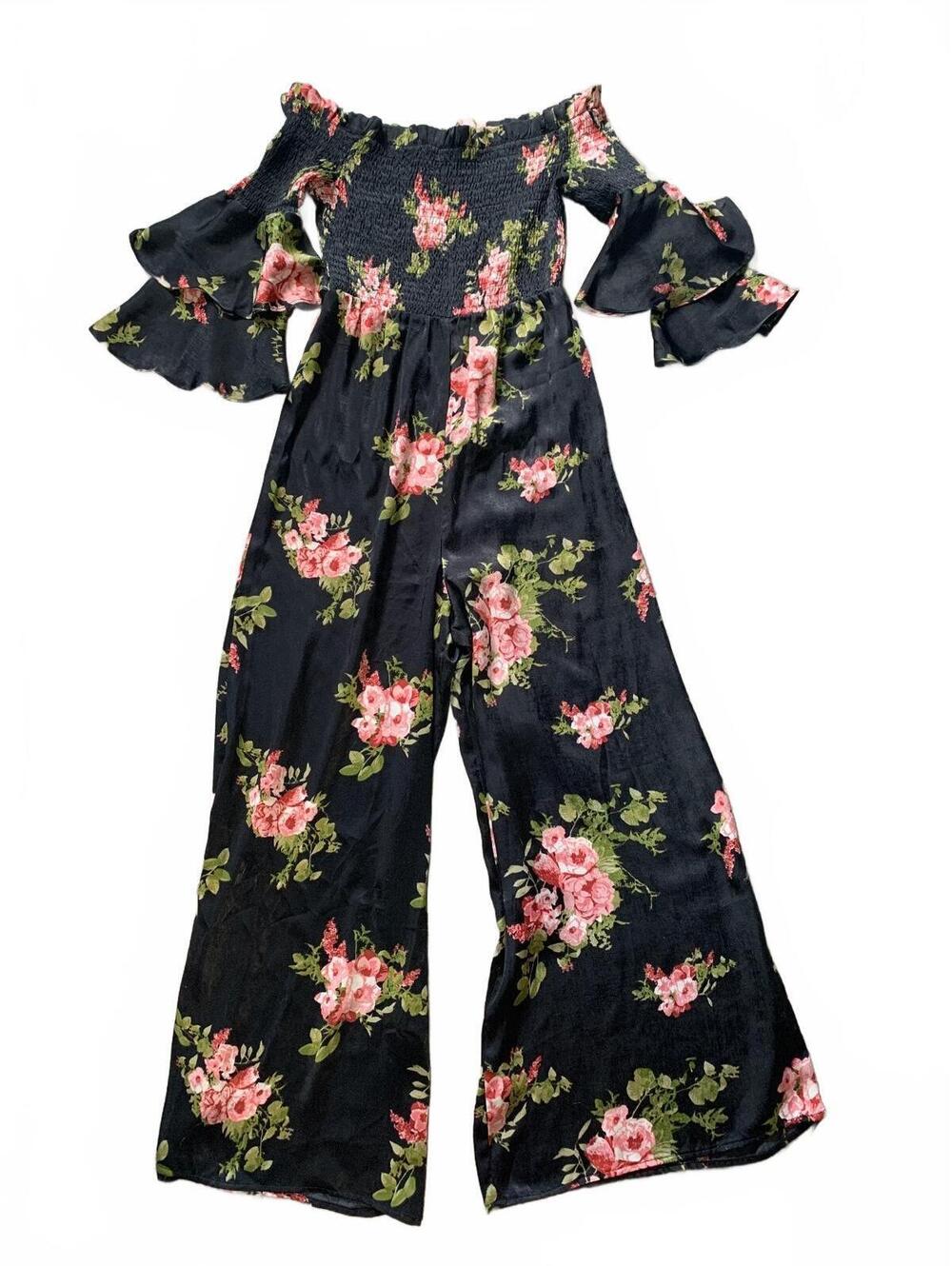 Jealous Tomato Women's Small Black Floral Off-the-Shoulder Smocked Jumpsuit with